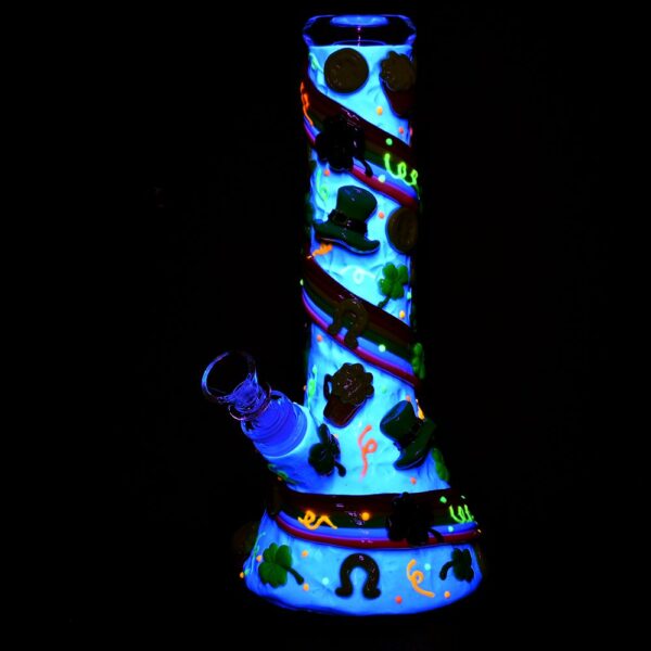 St. Patrick's Day Rainbows and Gold Glow In The Dark Water Pipe - 10" / 14mm F