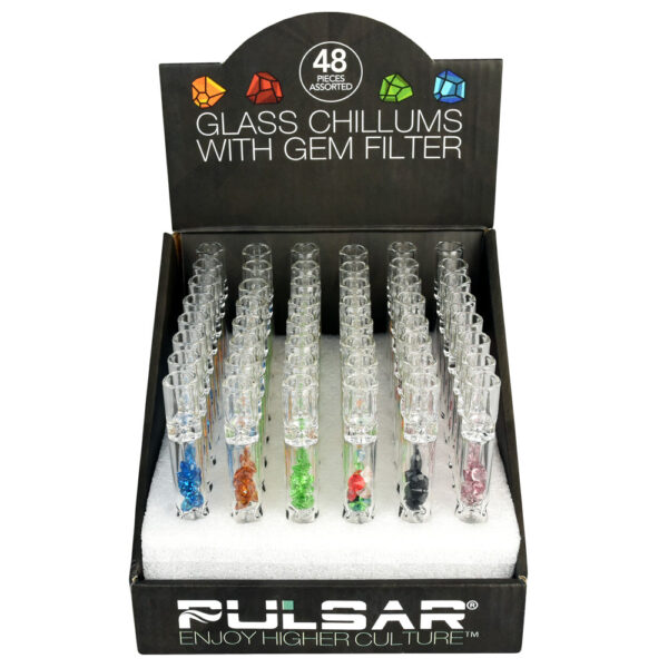 Pulsar Glass Chillums w/ Gem Filter- 4"/Asst - 48PC DISPLAY