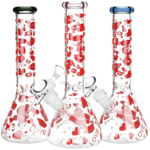 Pulsar Hearts and Kisses Glass Beaker Water Pipe - 9.75" / 14mm F / Colors Vary