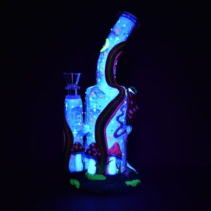 Wide Eyed Shroom And Smoking Skeleton Glow In Dark Water Pipe - 9.5" / 14mm F