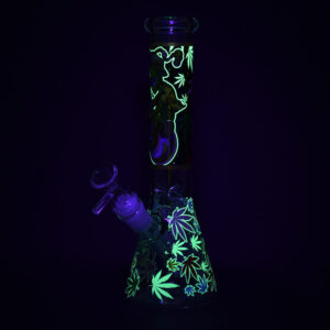 Aliens And Hemp Leaves Glow Glass Beaker Water Pipe-10" / 14mm F / Designs Vary