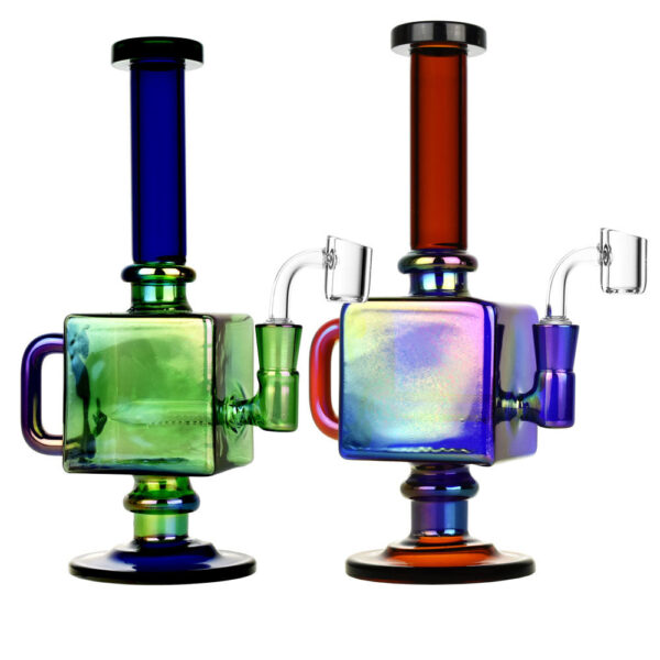 Iridescent Teapot Cube Inline Rig - 9.5"/14mm F/Colors Vary