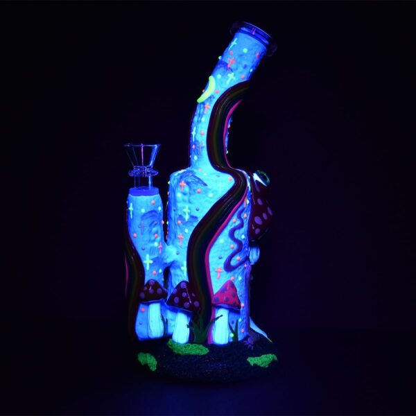 Wide Eyed Shroom And Smoking Skeleton Glow In Dark Water Pipe - 9.5" / 14mm F