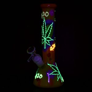 420 Hemp Leaf Glow In The Dark Beaker Glass Water Pipe - 9.25" / 14mm F